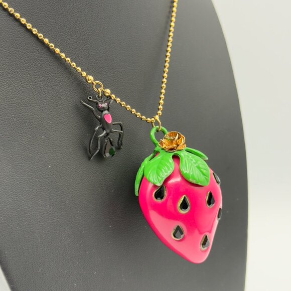 Betsey Johnson Picnic Strawberry Ant Pendant Necklace Pink Crystal Ball Chain - Picture 2 of 15